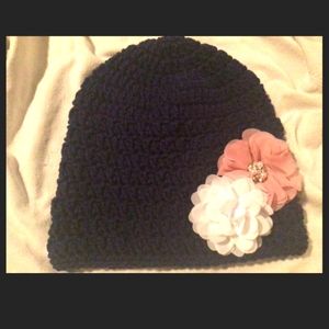 Navy Ladies Beanie with Pink and White Flowers